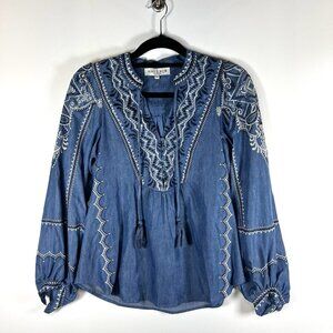 Hale Bob Mimi Embroidered Top XS Blue White Boho Hippie Floral Chambray Denim